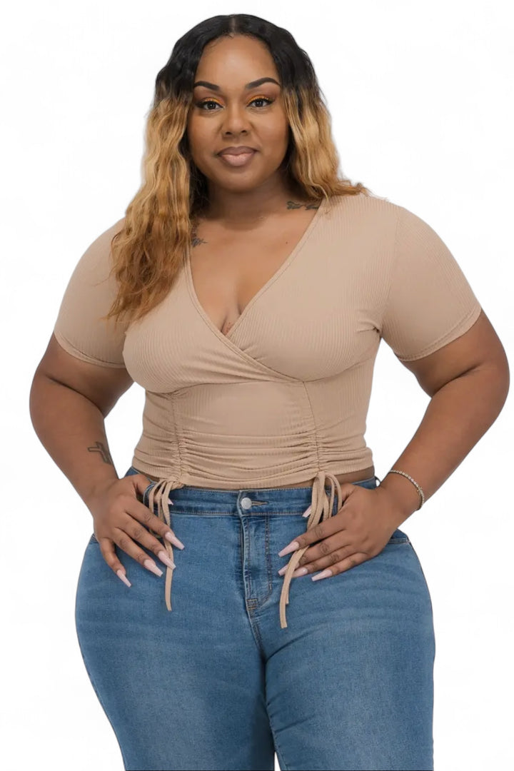 Curvy Ribbed Ruched Drawstring Surplice Top