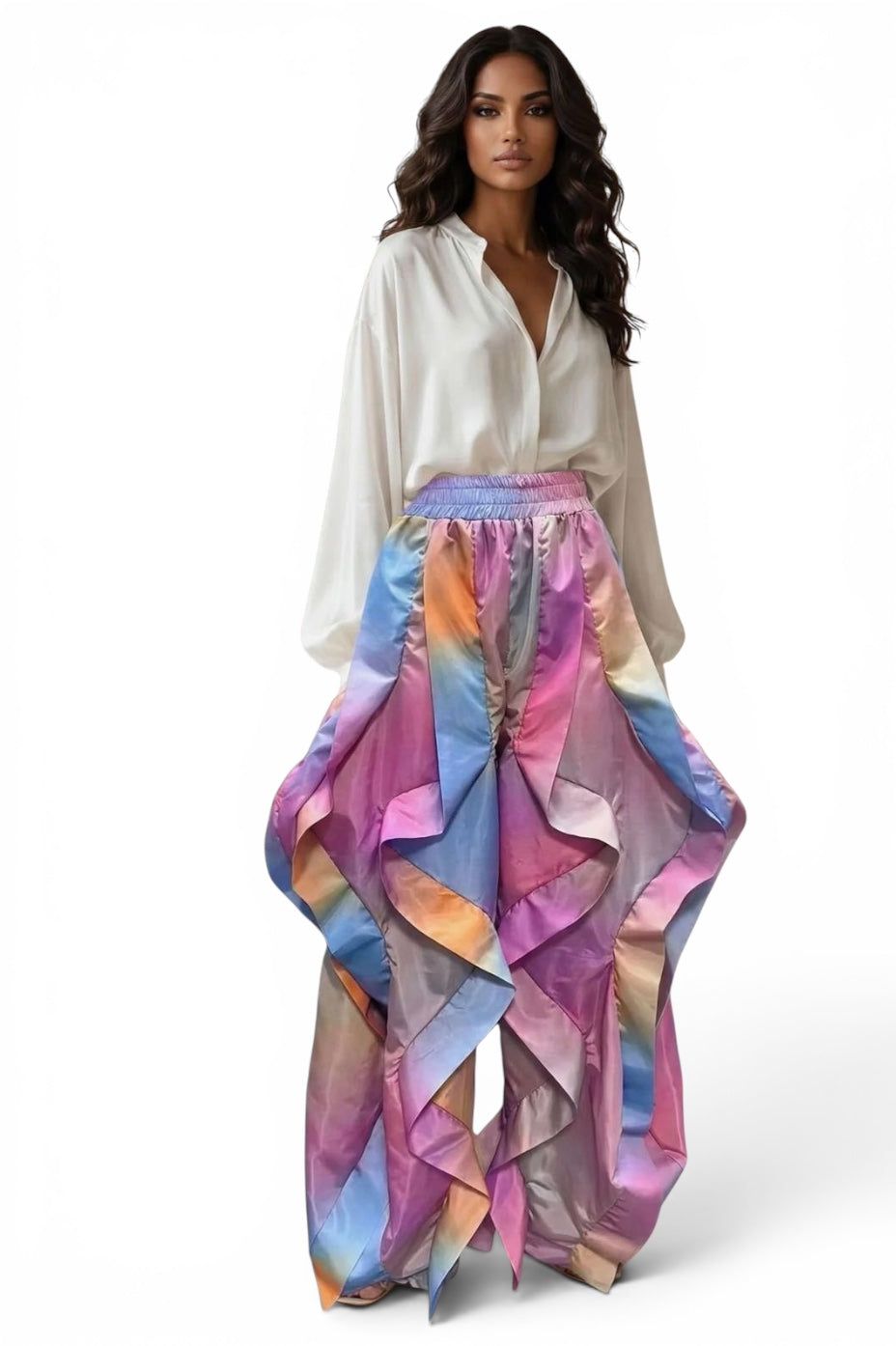 Rainbow ruffle wide leg statement pants with elastic drawstring waist