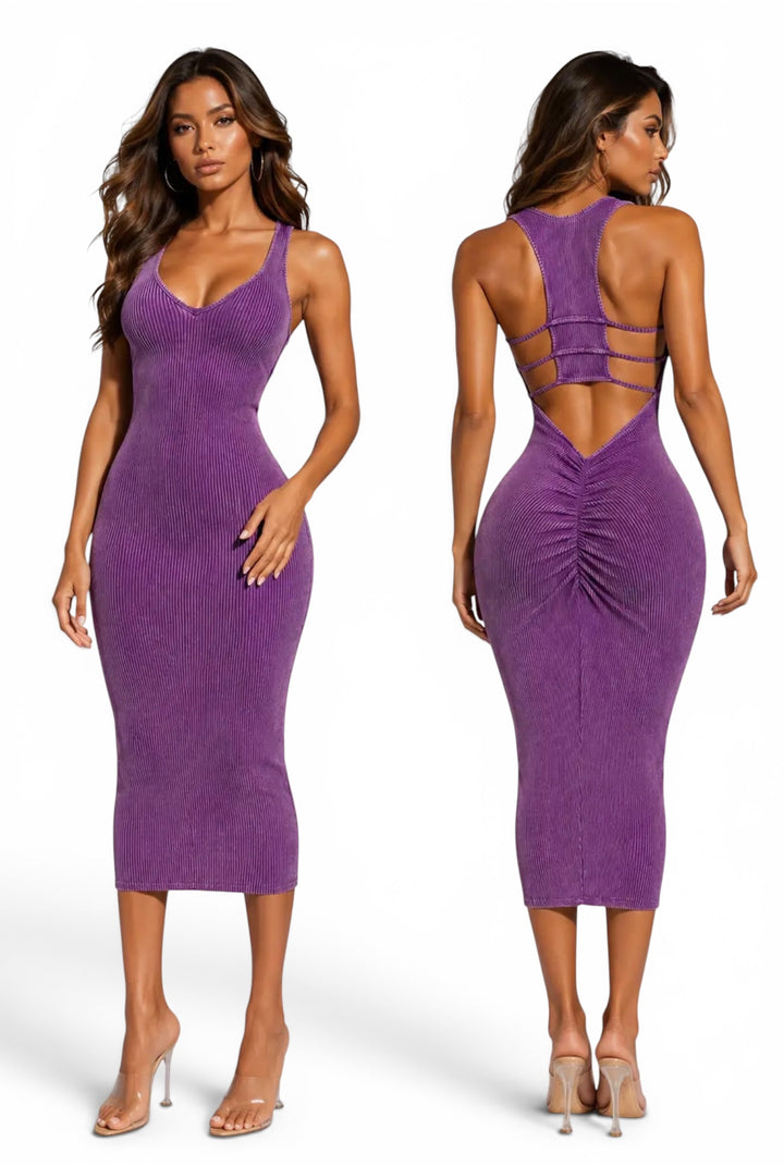 Mineral Wash Caged Back Midi Dress – Casual Chic Style