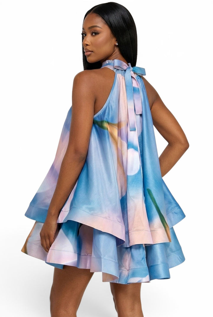 Watercolor Bloom Tiered Halter Swing Dress -{Fits Oversized}