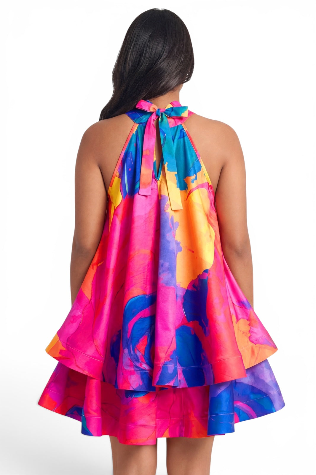 Watercolor Bloom Tiered Halter Swing Dress -{Fits Oversized}