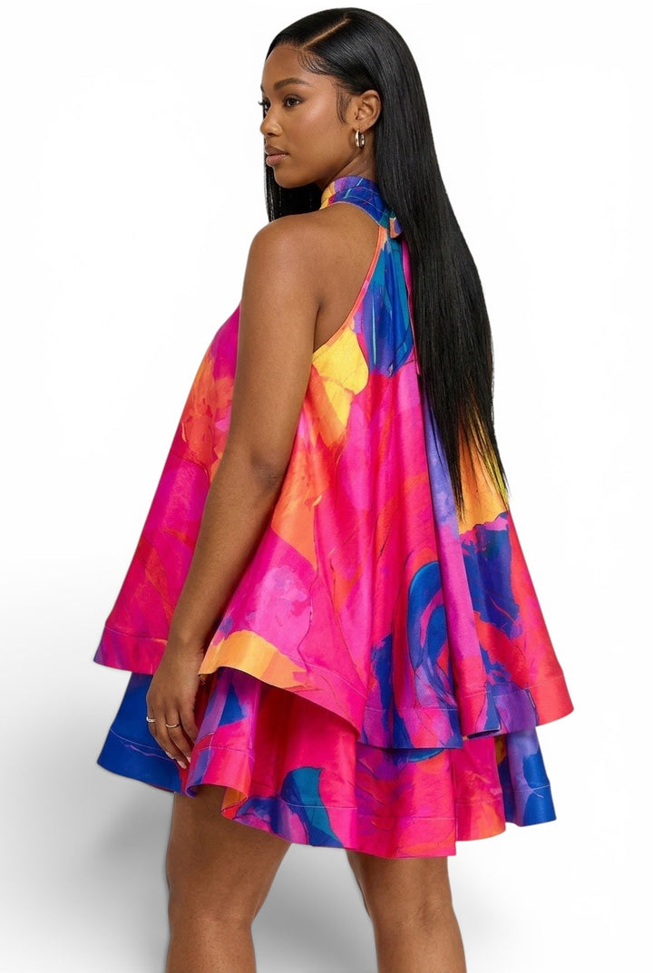 Watercolor Bloom Tiered Halter Swing Dress -{Fits Oversized}