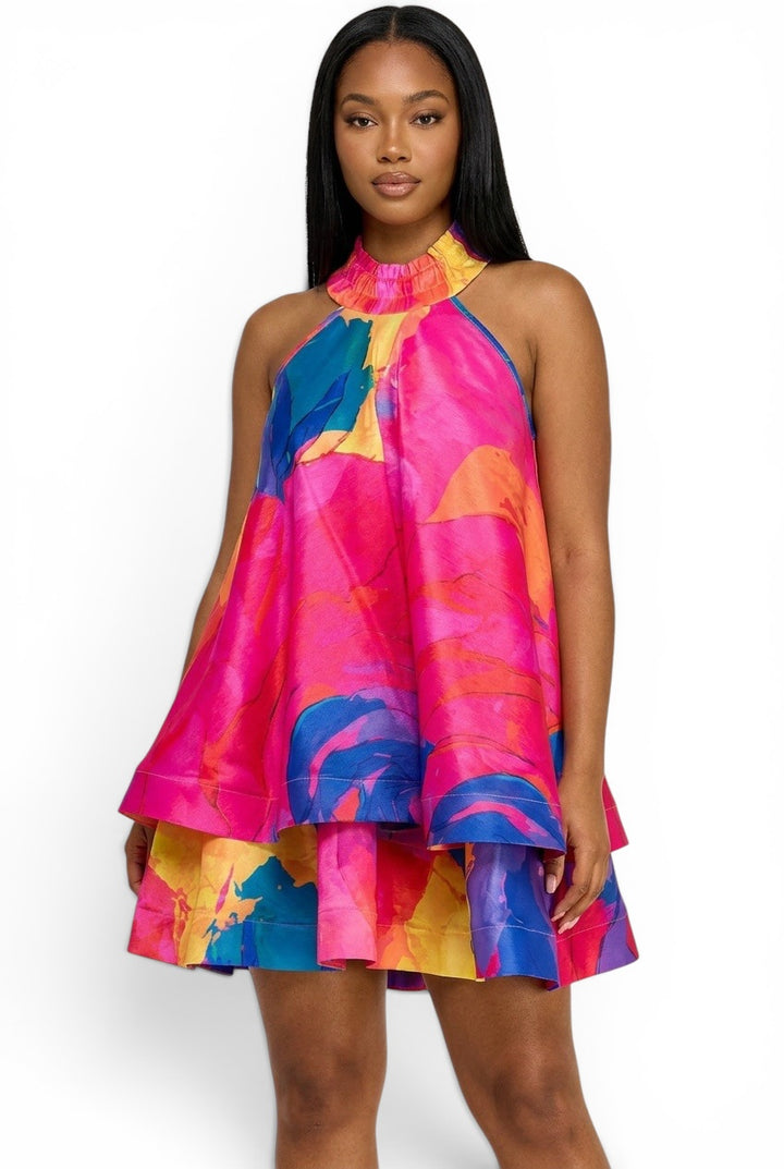 Watercolor Bloom Tiered Halter Swing Dress -{Fits Oversized}