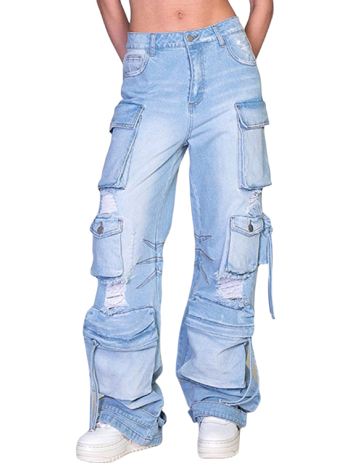 Ripped Distressed Denim Cargo Jeans