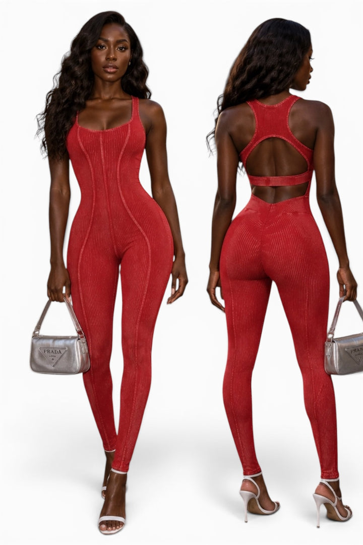 Front and back view of a women's red Mineral Wash Open Back Bodycon Jumpsuit featuring a racer neckline, contour seam detailing, and a full-length fitted silhouette.