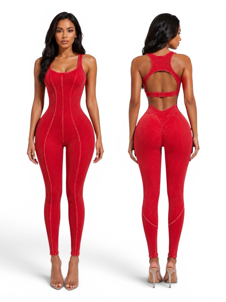 Front and back view of a women's red Mineral Wash Open Back Bodycon Jumpsuit  