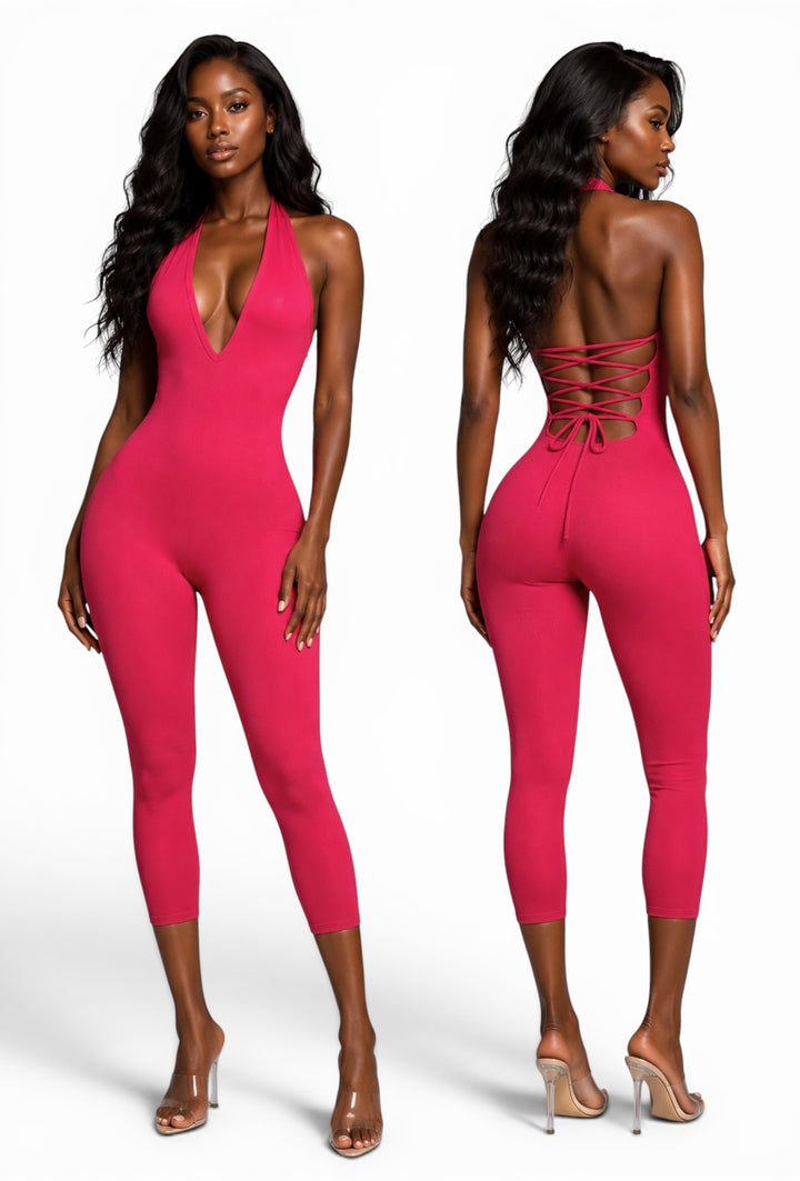 Ribbed Lace-Up Back Halter Capri Jumpsuit
