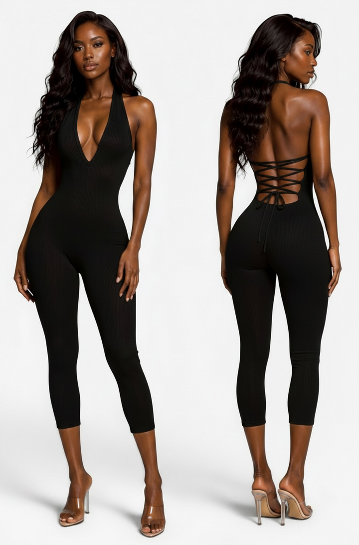 Ribbed Lace-Up Back Halter Capri Jumpsuit