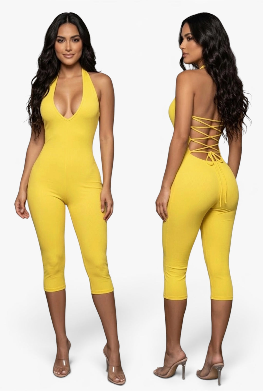 Ribbed Lace-Up Back Halter Capri Jumpsuit