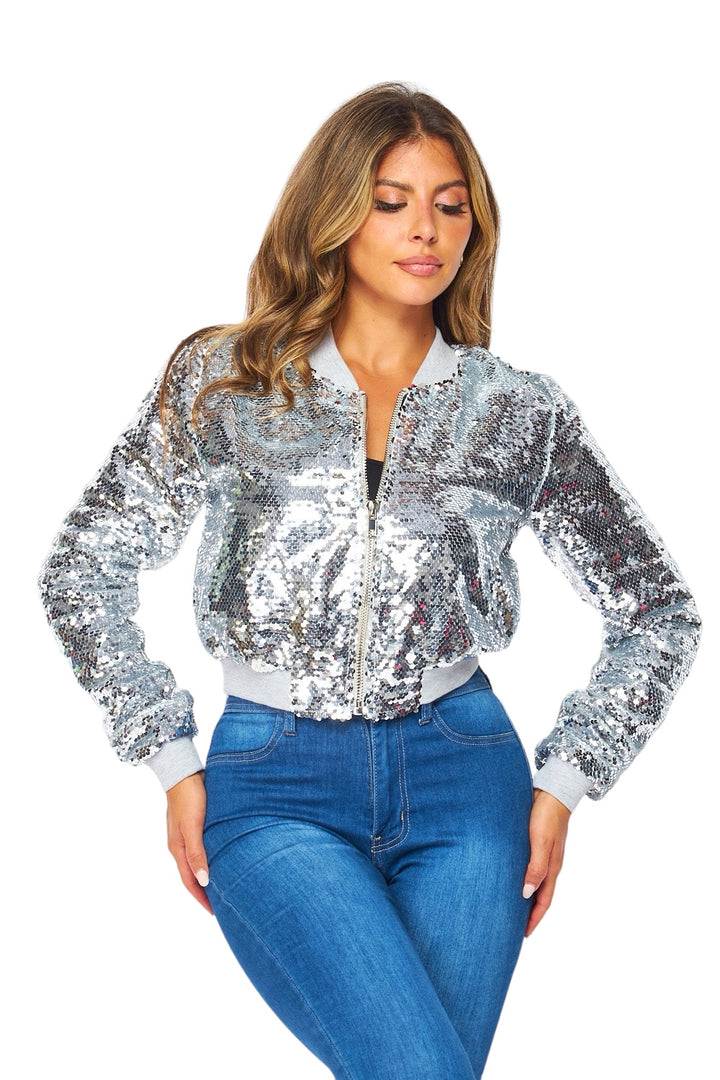 Sequin Cropped Bomber Jacket