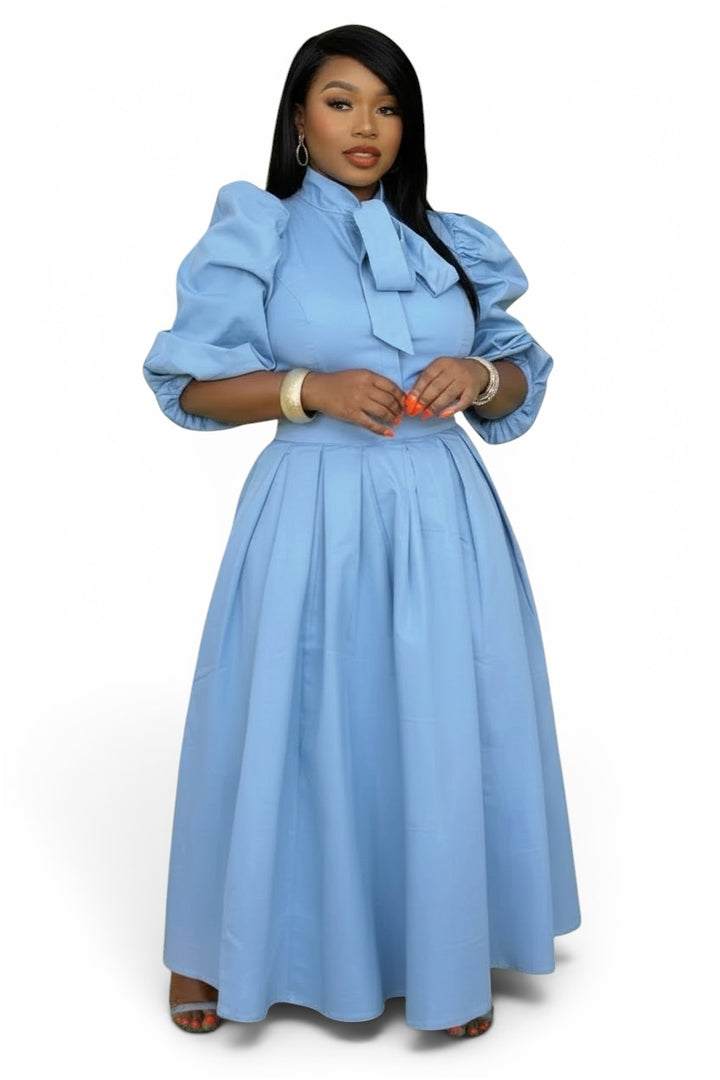 Summer Denim Puff Sleeve Bow Tie Top & Midi Skirt Set