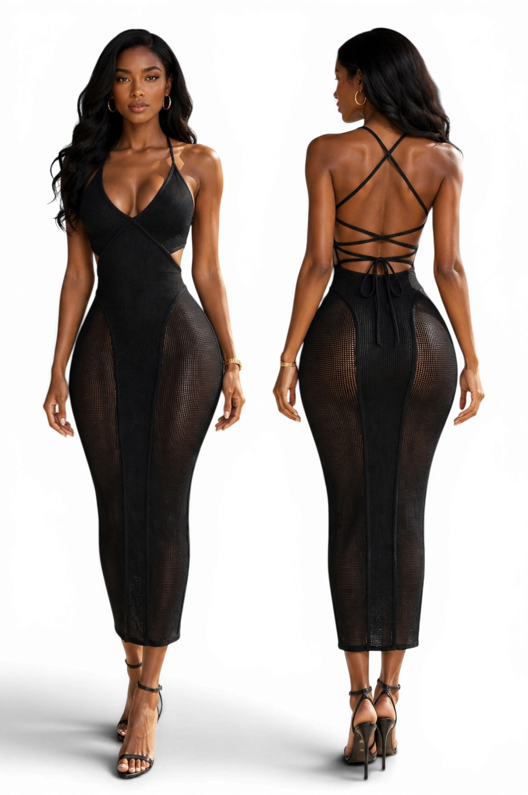 Popcorn Mesh Open Back Crisscross Halter Bodycon Midi Dress
