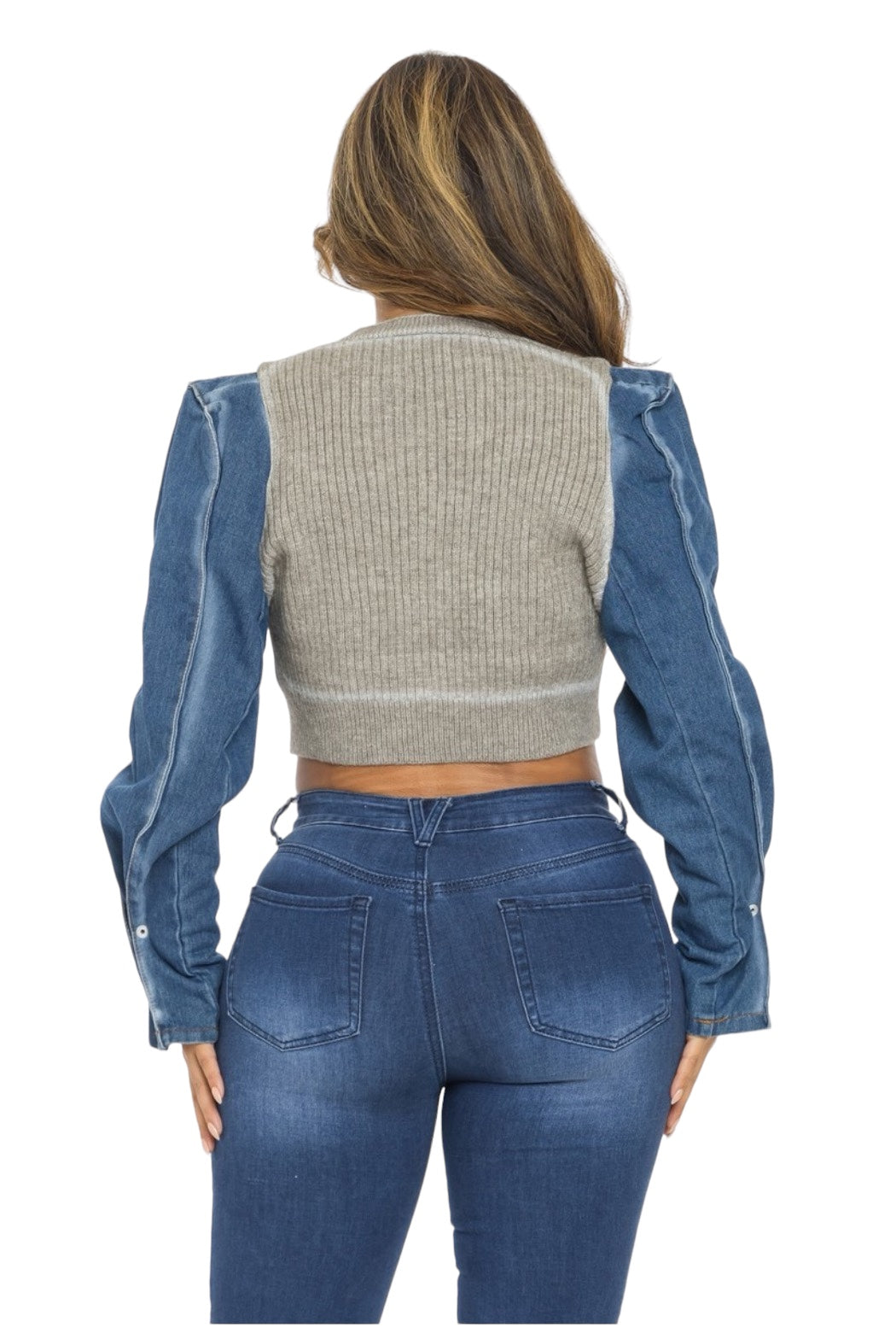 Denim Sleeve Knit Cropped Top