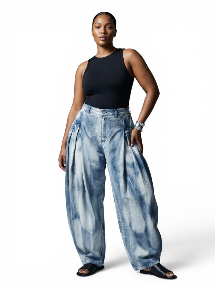 Pleated Barrel Leg Denim Jeans with Half Elastic Waist