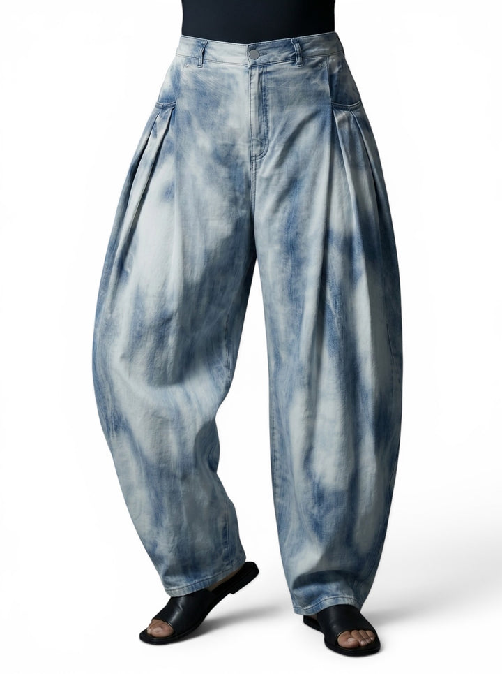 Pleated Barrel Leg Denim Jeans with Half Elastic Waist