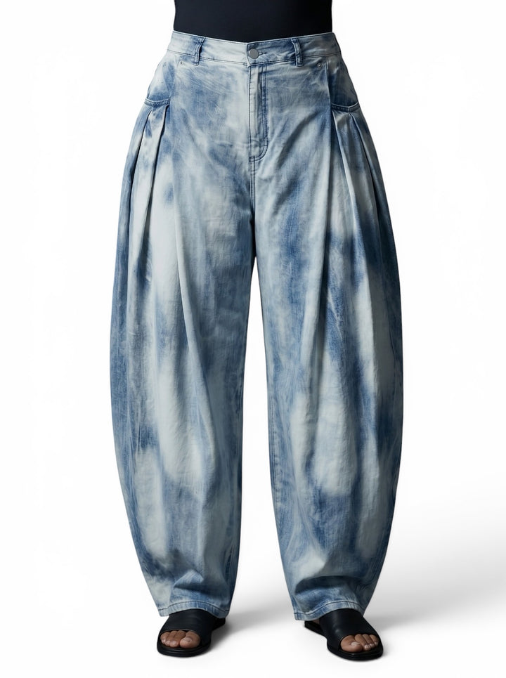 Pleated Barrel Leg Denim Jeans with Half Elastic Waist
