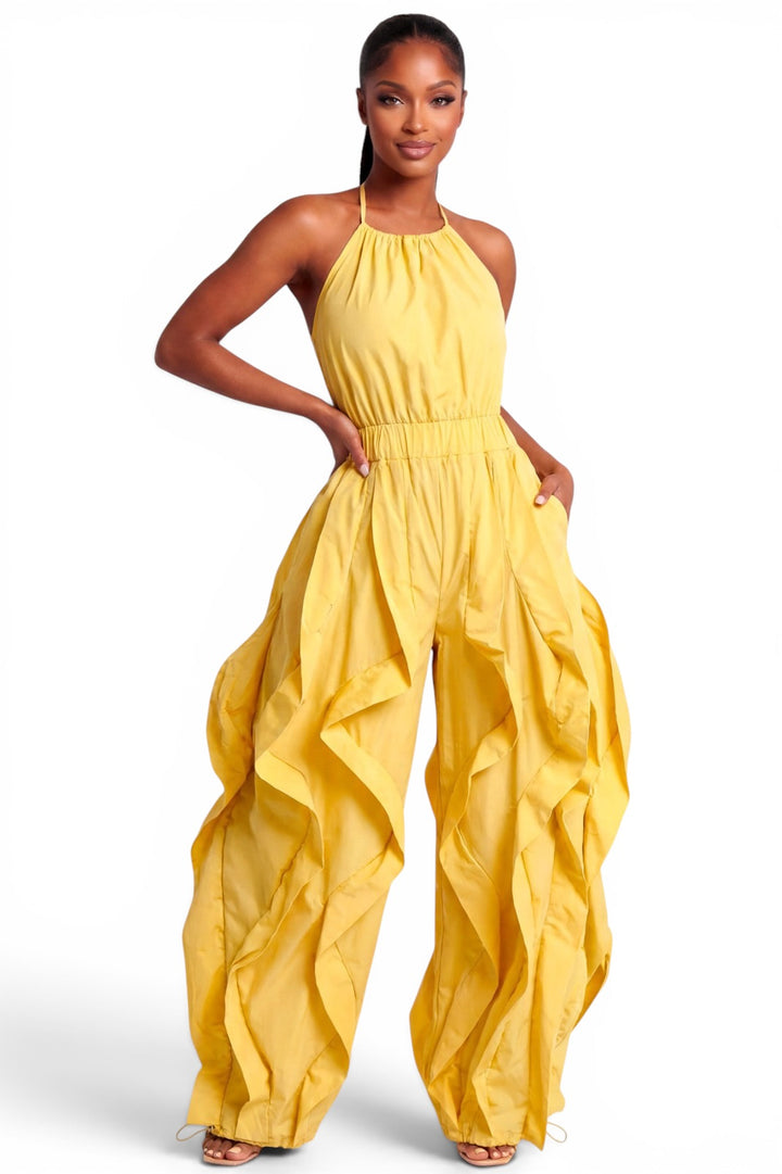 Halter Neck Ruffle Leg Jogger Jumpsuit