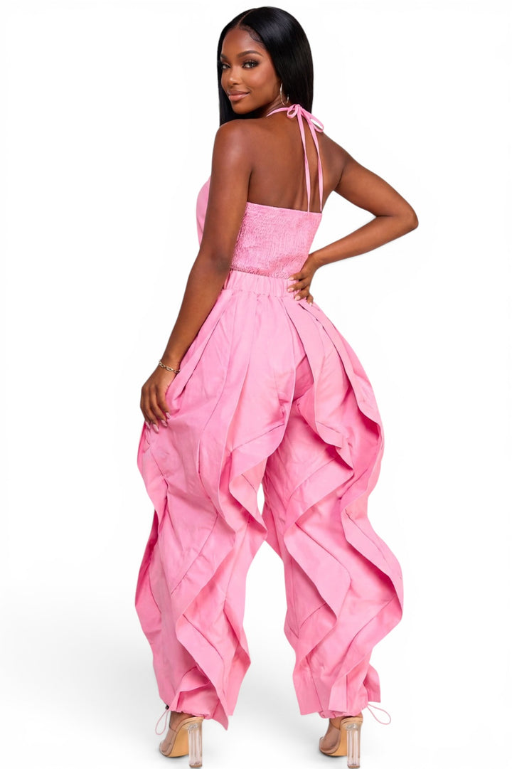 Halter Neck Ruffle Leg Jogger Jumpsuit