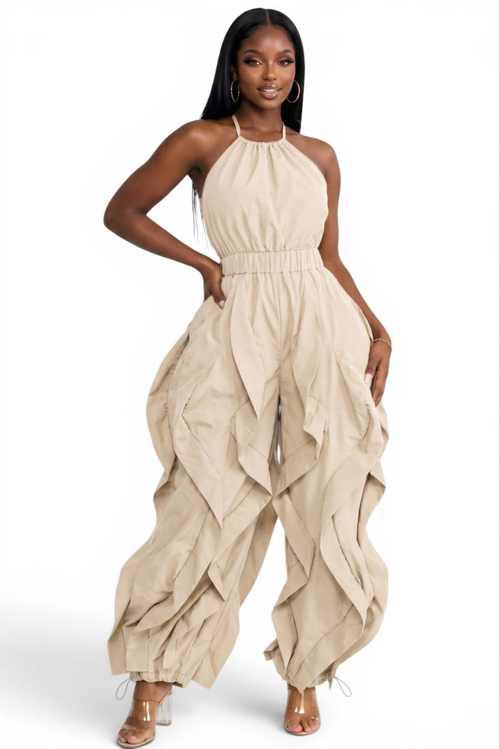 Halter Neck Ruffle Leg Jogger Jumpsuit
