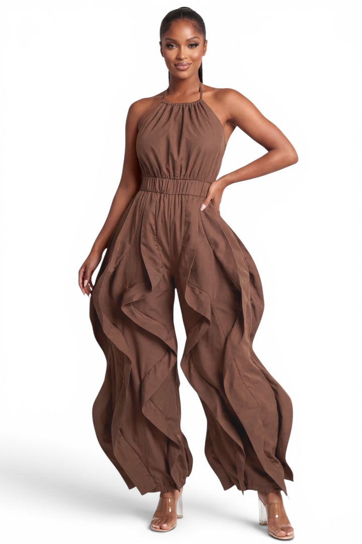 Halter Neck Ruffle Leg Jogger Jumpsuit