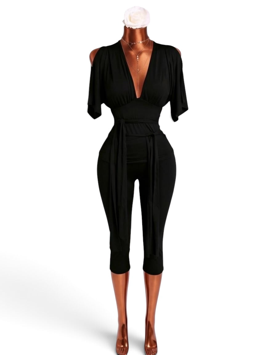 V-Neck Slit Sleeve Top & Capri Leggings Set