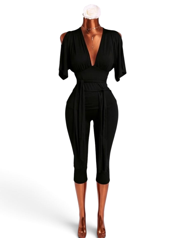V-Neck Slit Sleeve Top & Capri Leggings Set