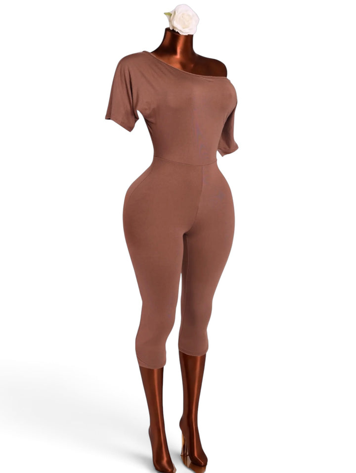 Off Shoulder Capri Romper – Mocha