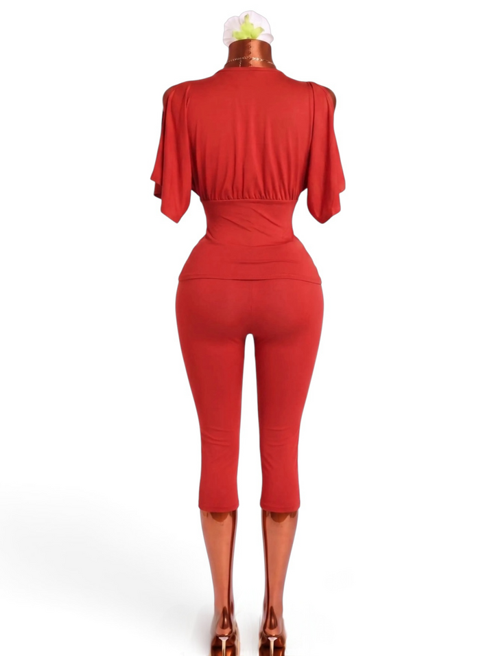 V-Neck Slit Sleeve Top & Capri Leggings Set