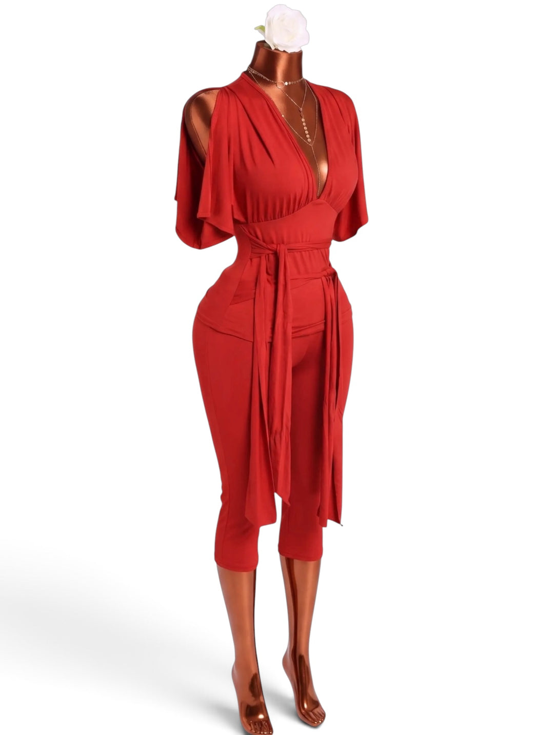 V-Neck Slit Sleeve Top & Capri Leggings Set