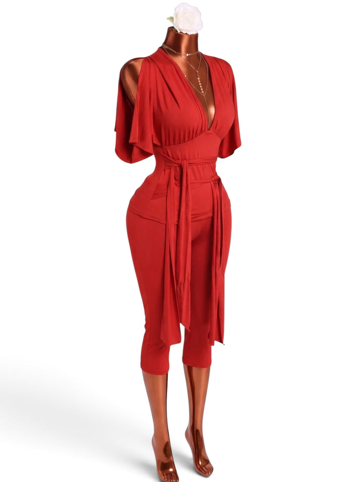 V-Neck Slit Sleeve Top & Capri Leggings Set