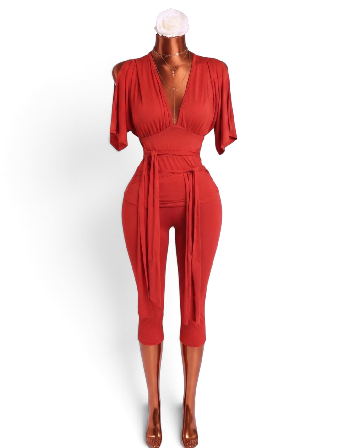 V-Neck Slit Sleeve Top & Capri Leggings Set