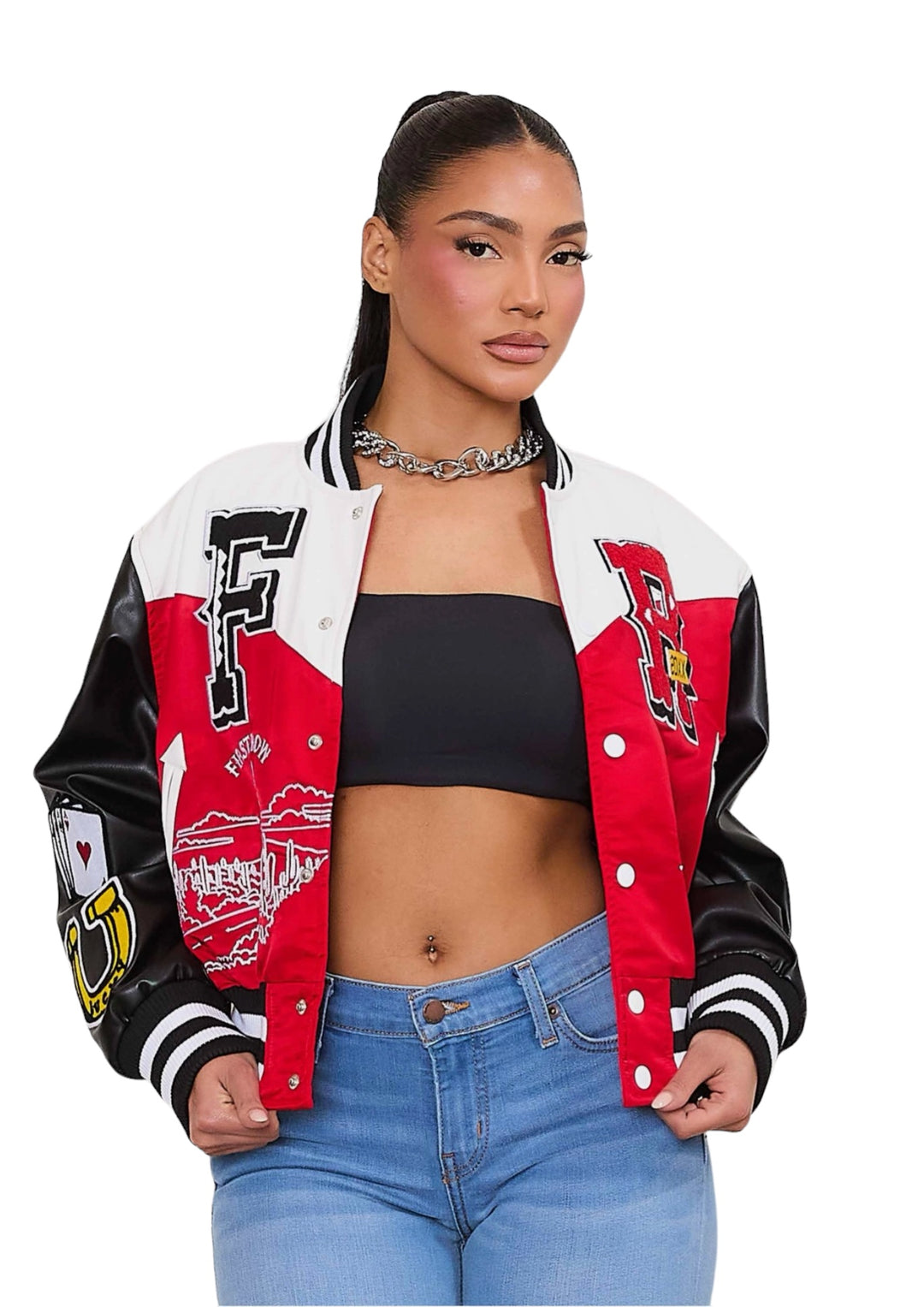 a woman wearing a crop top and a jacket