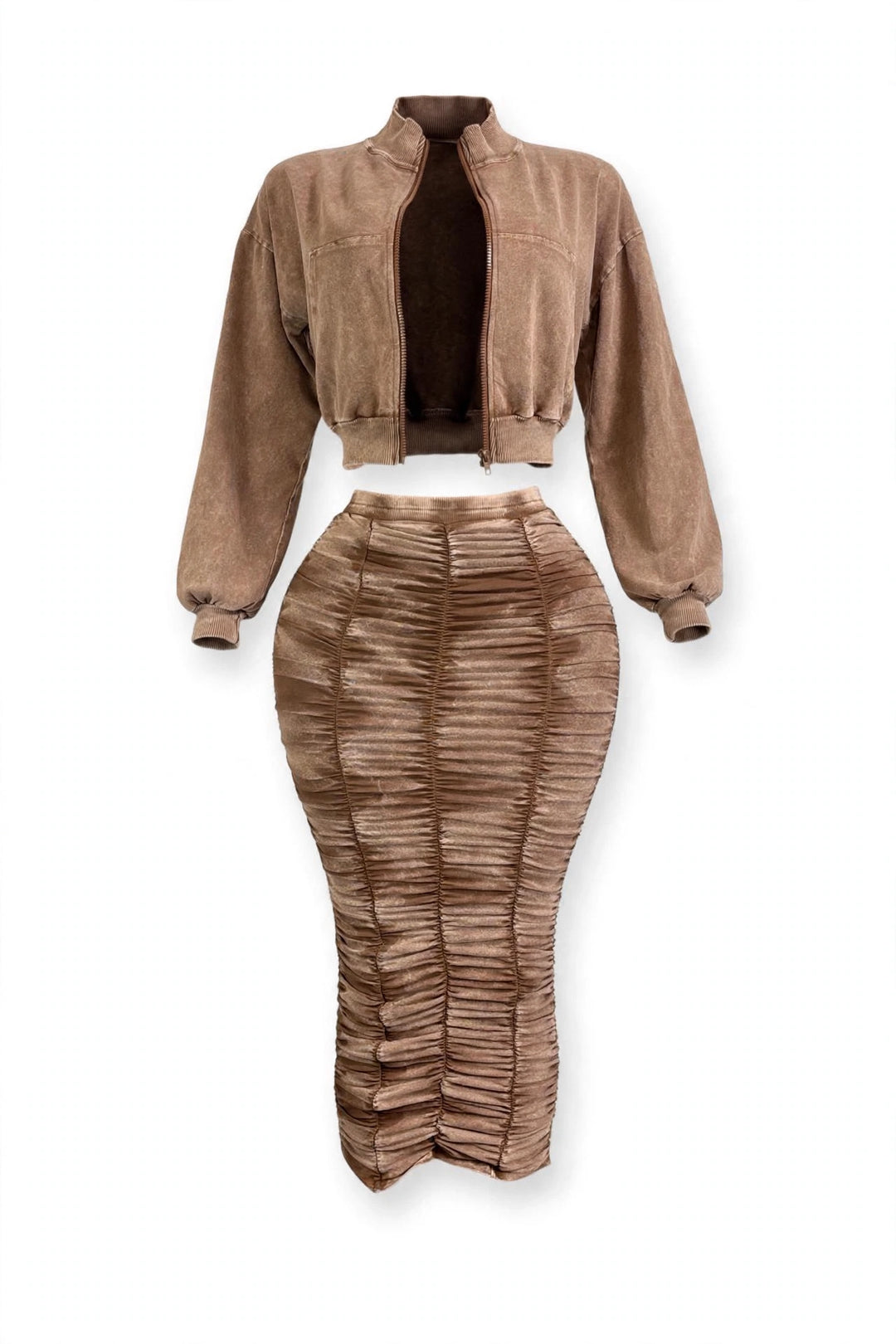 Mocha Ruched Midi Skirt & Cropped Jacket Set