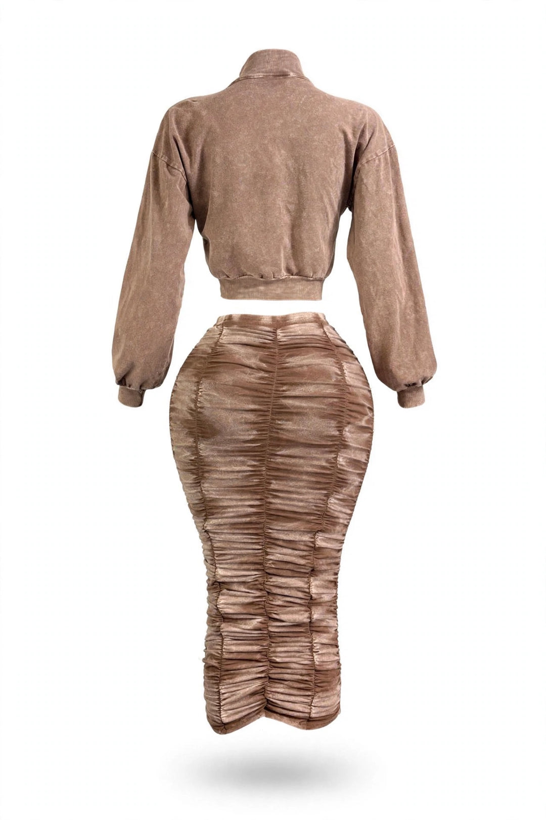 Mocha Ruched Midi Skirt & Cropped Jacket Set