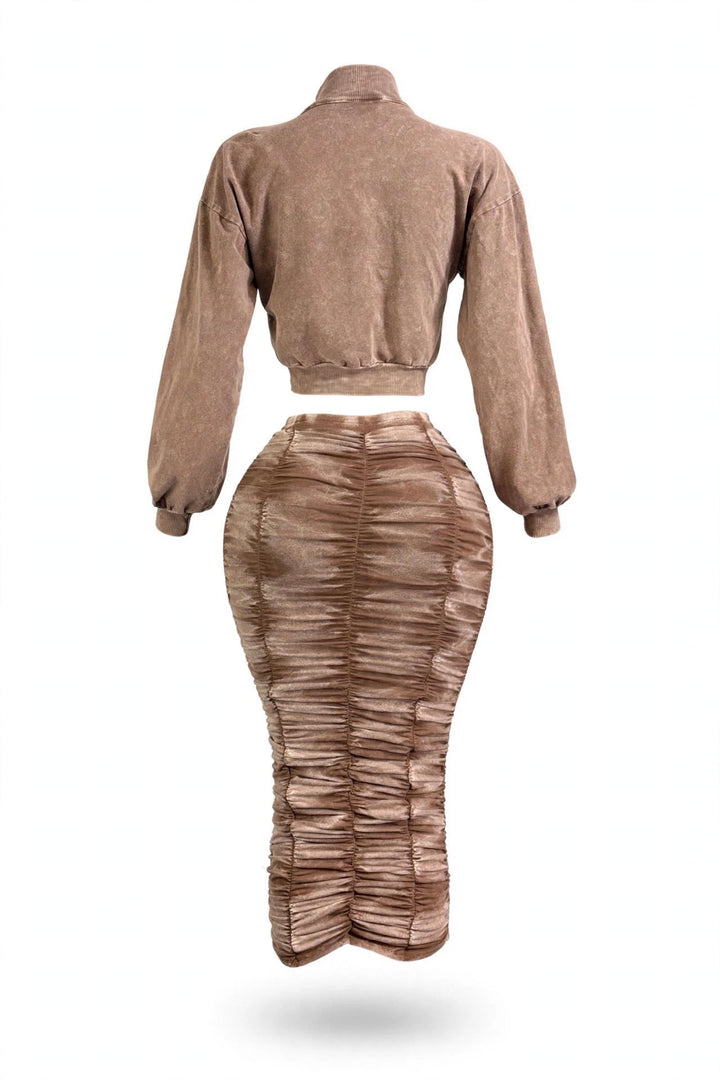 Mocha Ruched Midi Skirt & Cropped Jacket Set