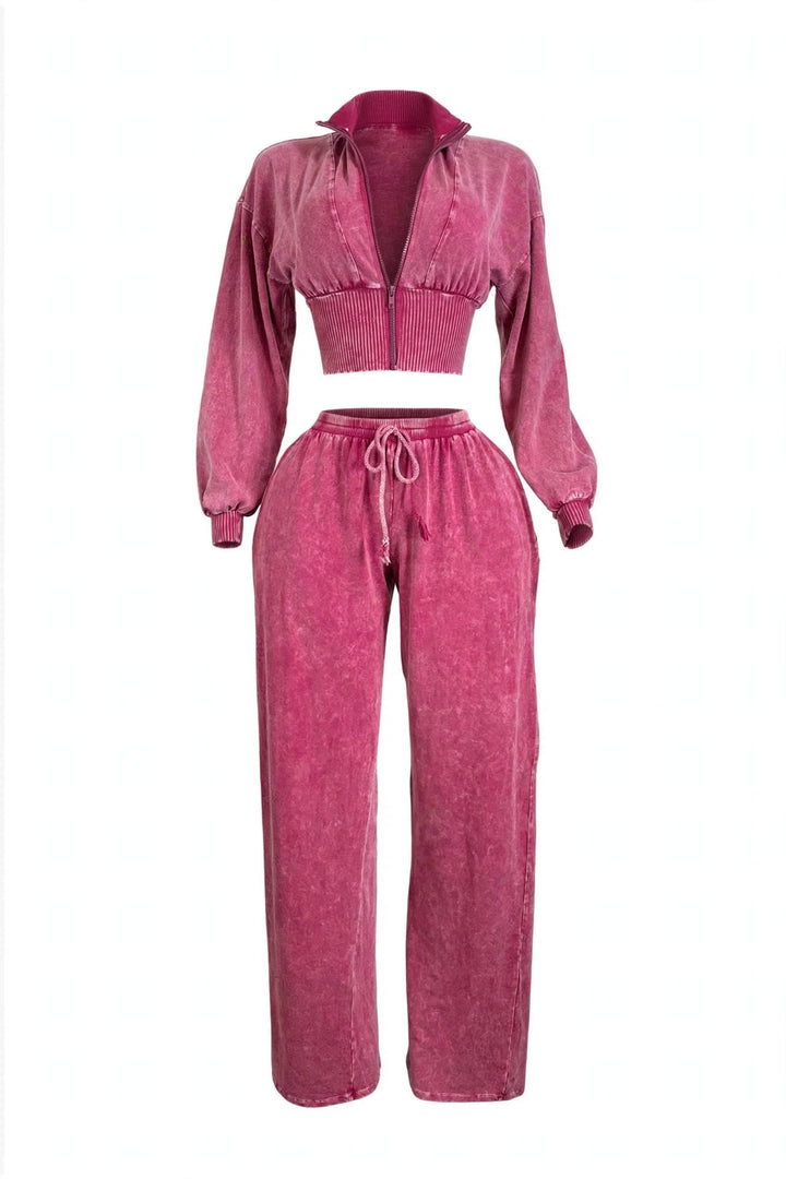 Cropped Zip Jacket & Wide-Leg Pants Set