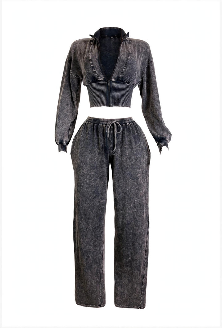Cropped Zip Jacket & Wide-Leg Pants Set
