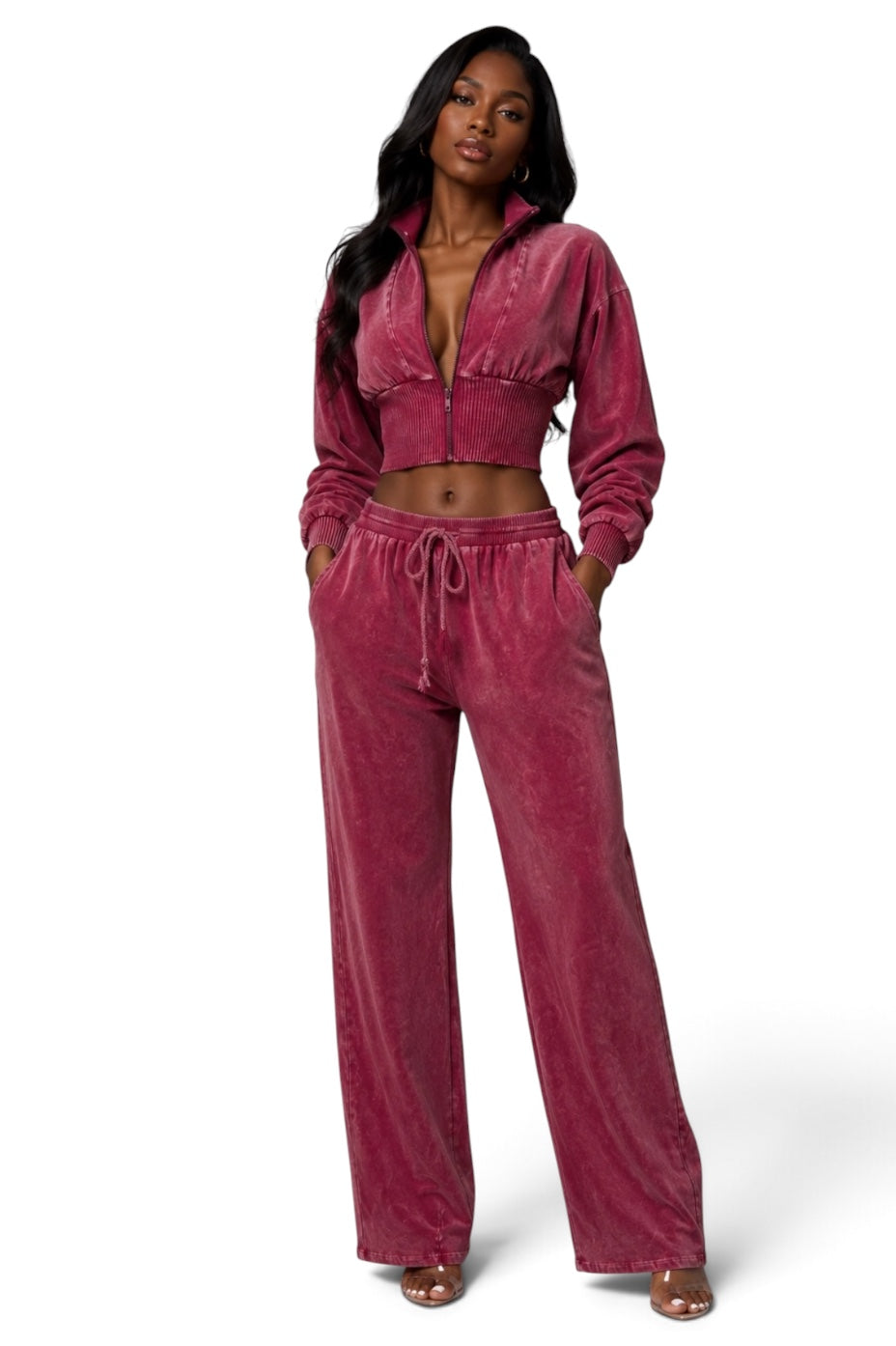 Cropped Zip Jacket & Wide-Leg Pants Set