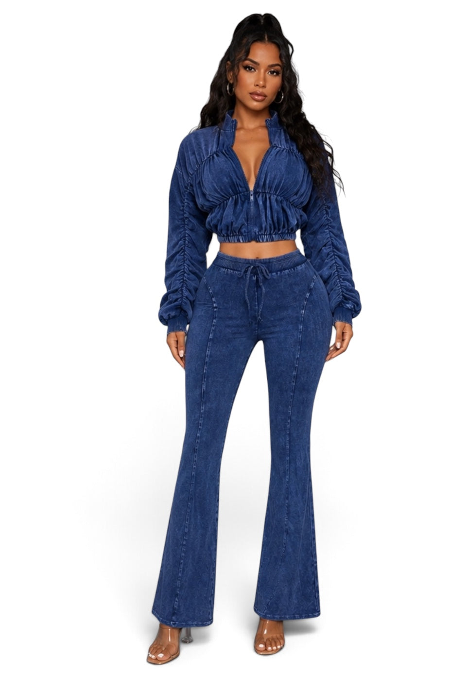 Blue Ruched Jacket & Flare Pants Set