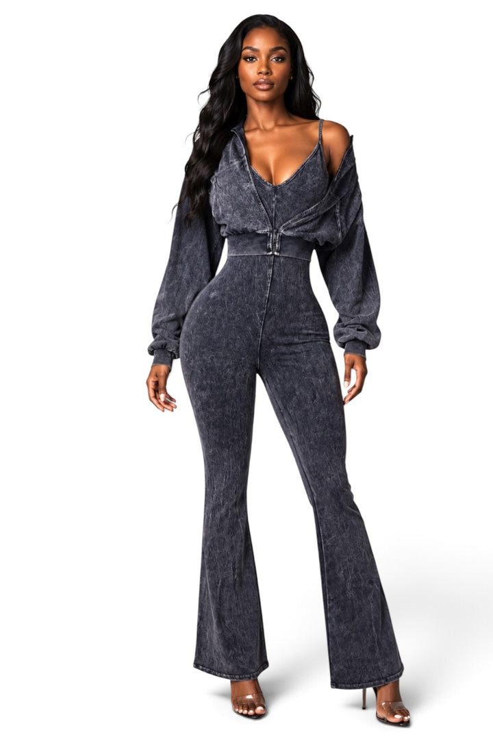 Black Flare Jumpsuit & Cropped Jacket Set