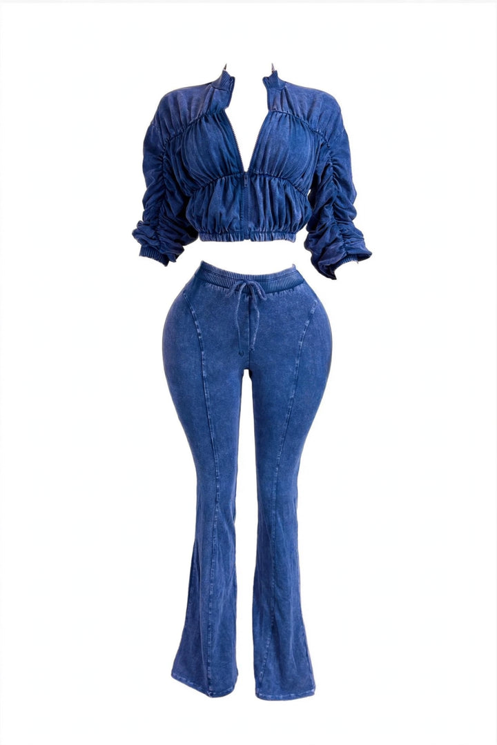 Blue Ruched Jacket & Flare Pants Set