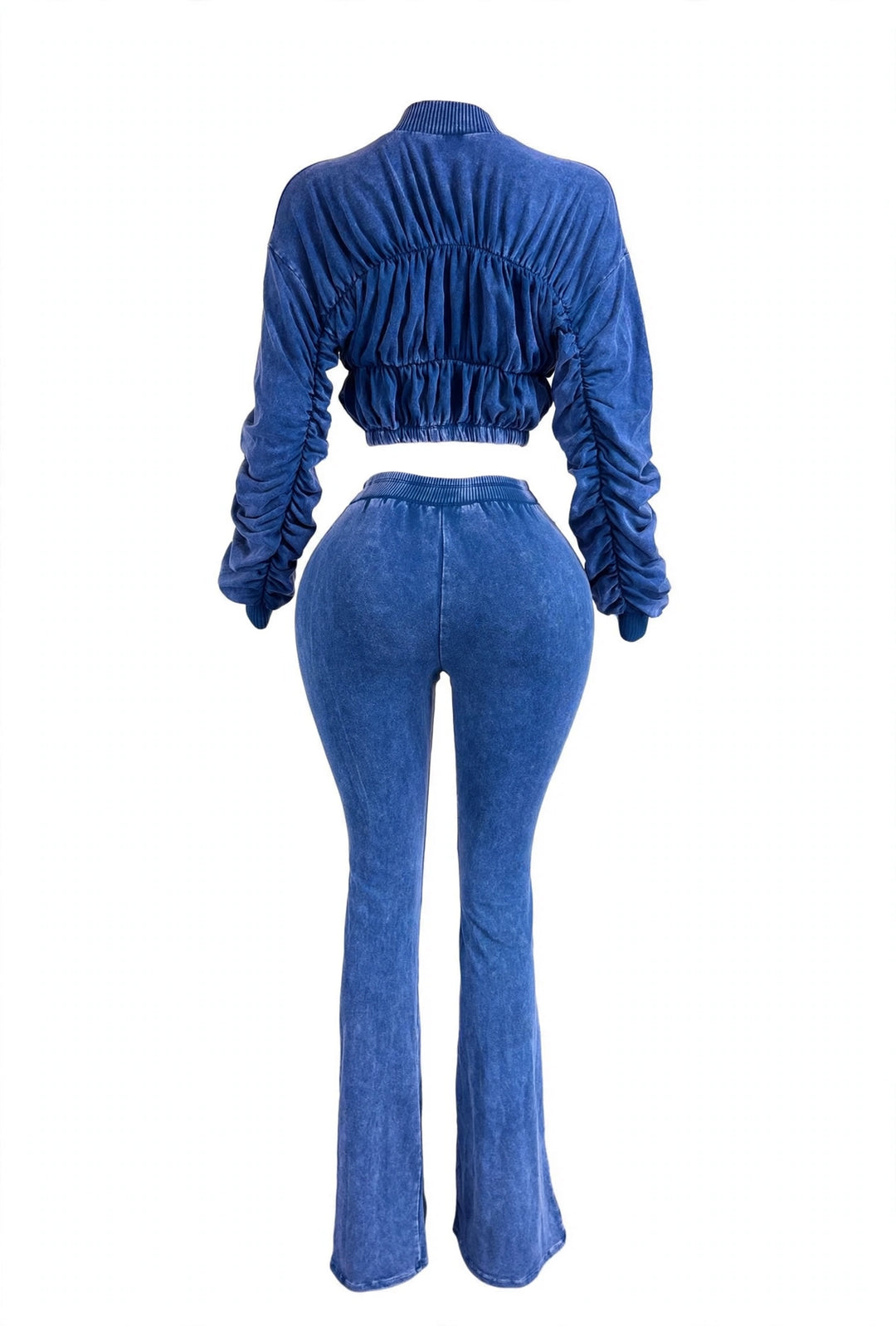 Blue Ruched Jacket & Flare Pants Set