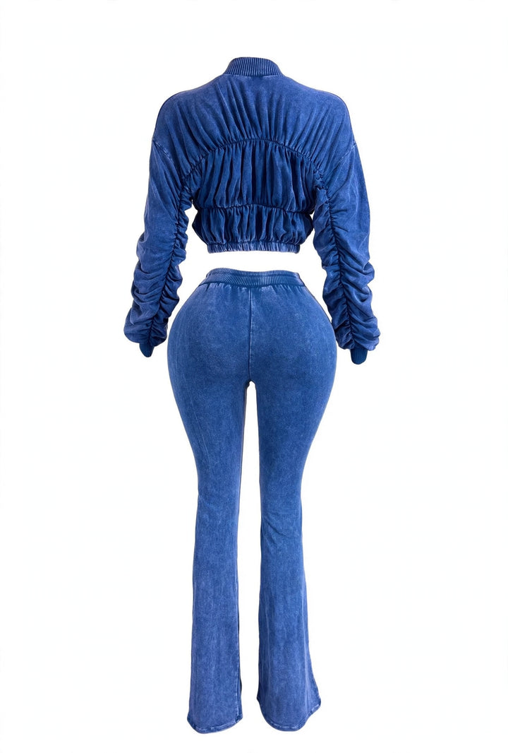 Blue Ruched Jacket & Flare Pants Set