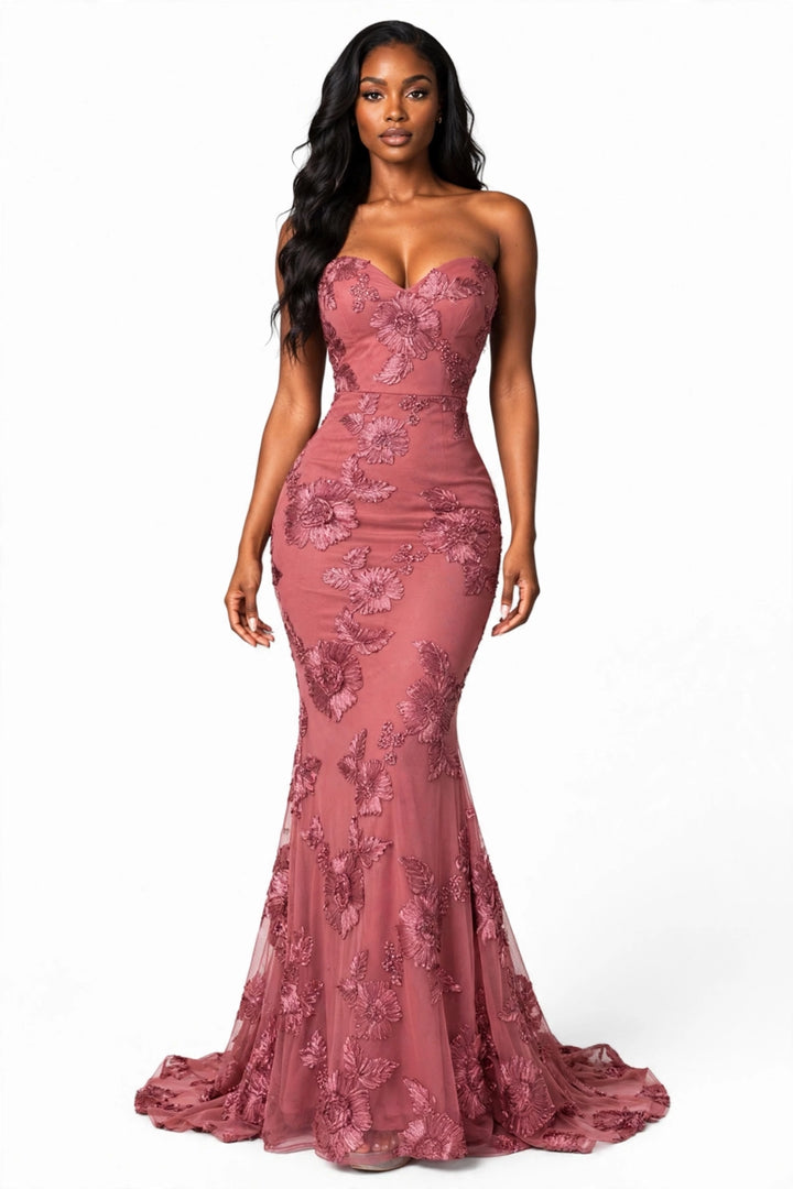 Floral Embroidered Strapless Maxi Dress