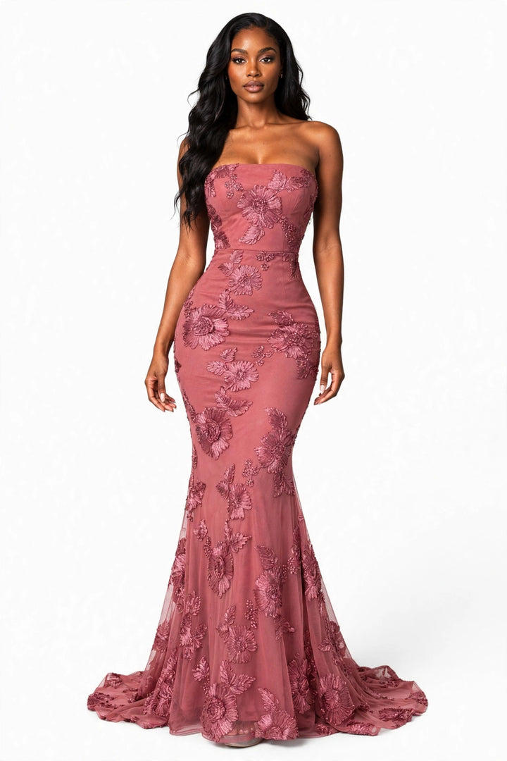 Floral Embroidered Strapless Maxi Dress