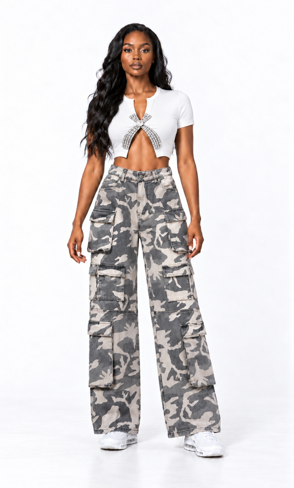 Gray Camouflage Wide Leg Cargo Pants