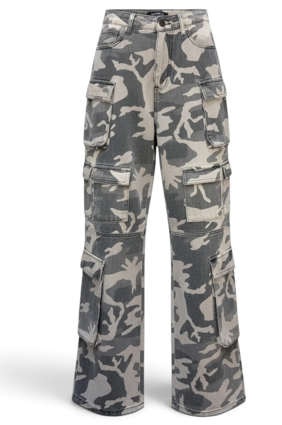 Gray Camouflage Wide Leg Cargo Pants