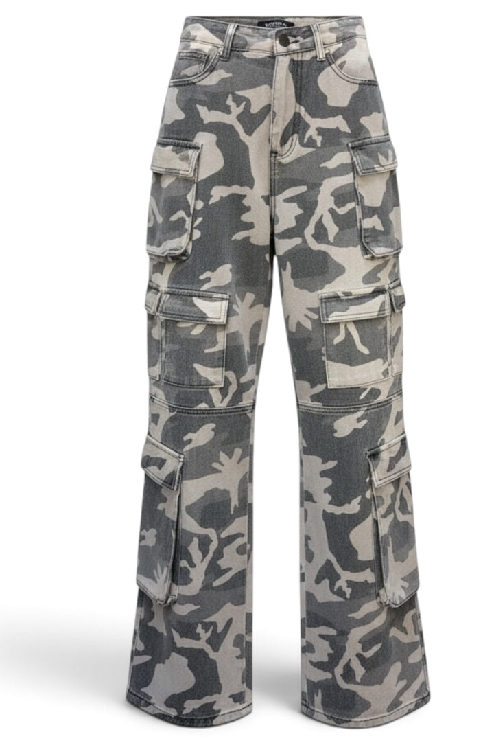Gray Camouflage Wide Leg Cargo Pants