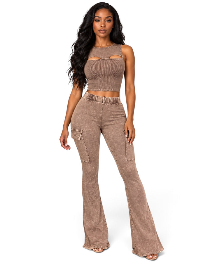 Brown Cutout Crop Top & Cargo Flare Pants Set