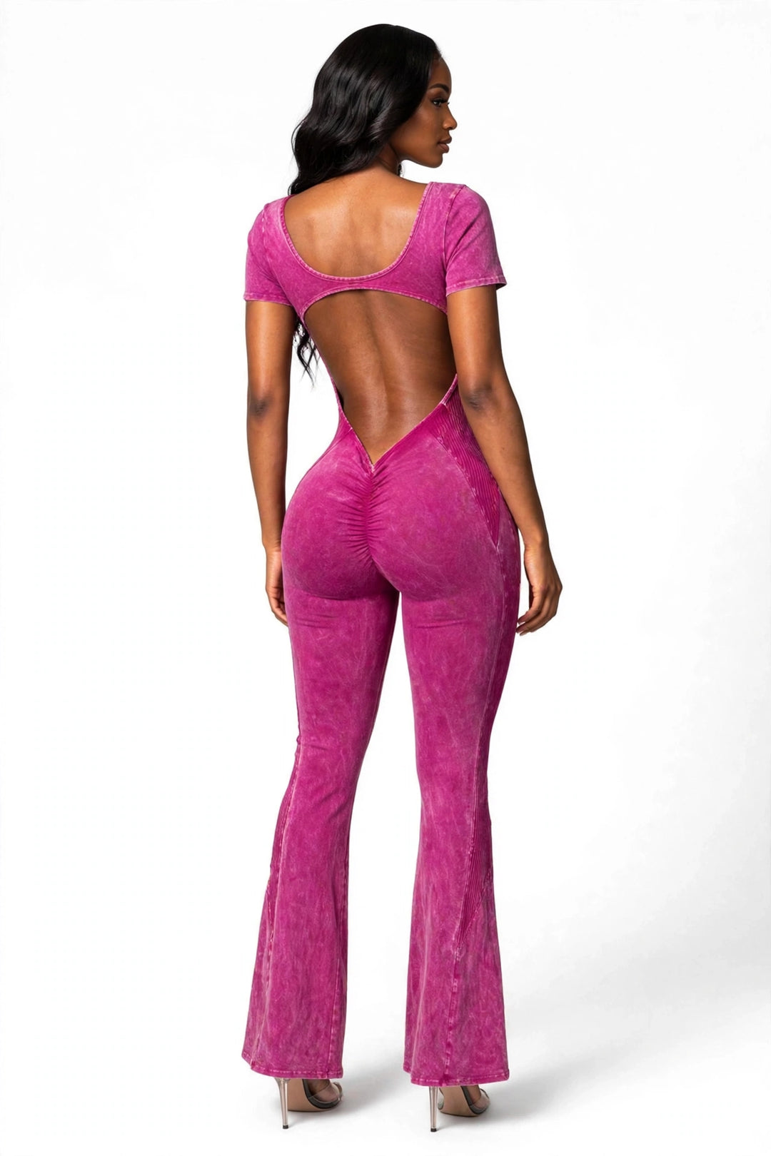 Berry Mineral Wash Open-Back Flare Jumpsuit